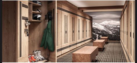 Ski Locker Room, Iceland Cabin, Ski Houses, Waterfall Building, Lake Tahoe Cabin, Ski Bar, Ski House Decor, Ski Locker, Aspen Home