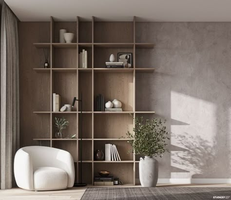 Bookshelf Design Modern, Nordic Living Room Inspiration, Skyscraper Interior, Modern Bookcase Design, Living Room With Kitchen, Japanese Place, Gaming Corner, Basement Lounge, Japandi Bedroom