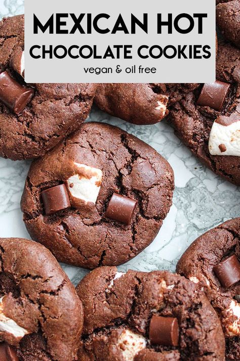 These Mexican Hot Chocolate Cookies are literally a mug of hot cocoa in cookie form. Cozy cookies that have a nice crisp outside and a gooey, soft center. | vegan | vegan cookies | vegan baking | chocolate cookies | dairy-free | Vegan Hot Cocoa Cookies, Mexican Hot Chocolate Cookies, Chocolate No Bake Cookies, Hot Cocoa Cookies, Vegan Hot Chocolate, Hot Chocolate Cookies, Dairy Free Chocolate Chips, Vegan Mexican Recipes, Vegan Bakery