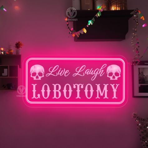 Scary Home Decor, Goth Live Laugh Love, Goth Signs Decor, Babe Cave Ideas Basements, Alternative Home Decor Ideas, Creepy Cute Decor, Beetlejuice Room Ideas, Neon Goth Aesthetic, Gothic Room Decor Ideas