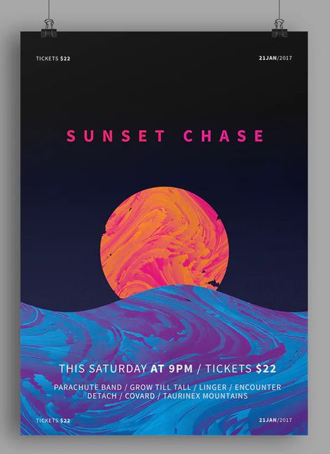 Sunset Poster Design, Sunset Colour Palette, Dj Press Kit, Sunset Graphic Design, Sunrise Music, Prom Posters, Painting Website, Sunset Logo, Event Poster Template