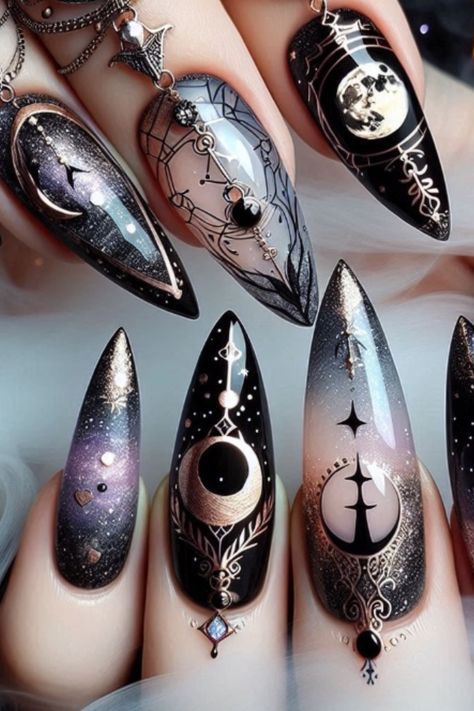 Witchy Nails Almond, Witchy Halloween Nails, Zodiac Sign Nails, Sparkle Bottle, Imp Oc, Fall Nails Art, Bee Nails, Witch Nails, Witchy Nails