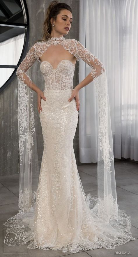 Sheath wedding gown with cape. Riki Dalal Wedding Dresses Spring 2019 Glamour Bridal Collection. Fitted lace wedding dress. Corset sweetheart strapless bridal gown. #weddingdress #weddingdresses #bridalgown #bridal #bridalgowns #weddinggown #bridetobe #weddings Dresses Glamour, Fitted Lace Wedding Dress, Wedding Dresses Spring, Rhinestone Wedding Dress, Baju Kahwin, Italian Weddings, Sheath Wedding Gown, Cape Wedding Dress, Fit And Flare Wedding Dress