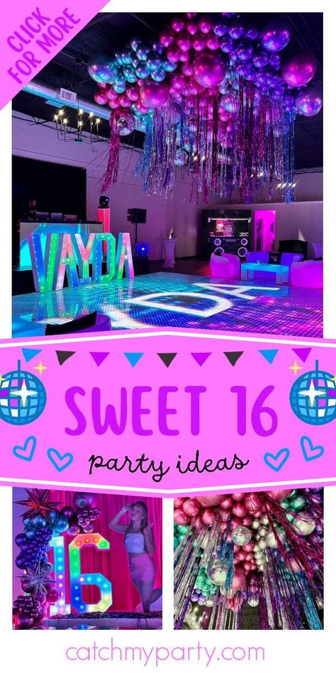 Check out this fantastic disco Sweet 16! The party decorations will blow you away! See more party ideas and share yours at CatchMyParty.com Sweet 16 Party Ideas Dance Floor, Sweet 16 Skate Party Ideas, Night Club Sweet 16 Party Ideas, Sweet Sixteen Disco Party, Sweet 16 Club Theme, Sweet 16 Disco Party Ideas, Disco Party Sweet 16, Sweet 16 Karaoke Party, Sweet 16 Dance Party Ideas