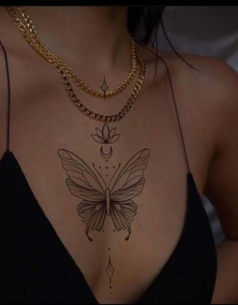 Simple Chest Tattoo Female Upper, In Between Chest Tattoo Female Butterfly, Chest Tatoos Woman, Chest Tattoos For Women Upper, Chest Tattoo Female Butterfly, Butterfly Chest Tattoo Female, Chest Butterfly Tattoo, Butterfly Chest Tattoo, Sternum Tattoos For Women