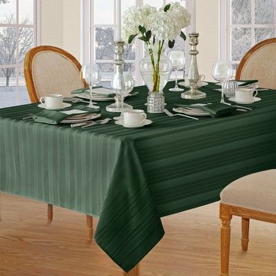 Denley Stripe Jacquard Stain Resistant Tablecloth - 52" x 52" Square - Hunter Green - Elrene Home Fashions New Years Dinner Party, Striped Tablecloth, New Years Dinner, Oblong Tablecloth, Elegant Tablecloth, Striped Tablecloths, Holiday Tablecloths, Damask Tablecloth, Plaid Tablecloth