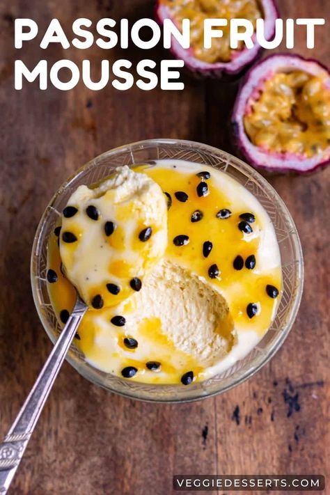 Passion Fruit Mousse is an airy, sweet, and tangy dessert made with just 4 ingredients. Quick and easy to make, it's a popular Brazilian dessert known as Mousse de Maracuja. Use fresh or frozen passionfruit pulp and serve this tropical treat poolside or at a summer BBQ! Brazilian Dessert, Passion Fruit Recipes, Beach Dessert, Passion Fruit Mousse, Fruit Mousse, Senior Banquet, Desert Dessert, Passionfruit Recipes, Brazilian Desserts