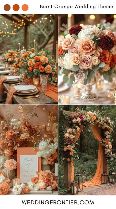 Burnt orange wedding colors for an earthy, autumn-inspired look. Fall Wedding Vibrant Colors, Dark Teal Orange Wedding, Fall Wedding Light Colors, Color Palette For Summer Wedding, Olive And Burnt Orange Wedding, Burnt Orange And Peach Wedding, Fall Forest Wedding Colors, Moody Blue Wedding Color Schemes, Burnt Orange Wedding Color Palette