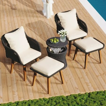 Patio Chairs Set of 5, Outdoor Lounge Chair with Thickened Cushions, Porch Poolside Bistro Bar Set with Cooler Bar Table & Ottomans Patio Sets For Small Spaces, Small Outdoor Furniture, Cooler Bar, Luxury Armchair, Balcony Lounge, Modern Patio Design, Outdoor Wicker Patio Furniture, Wicker Patio Furniture Set, Outdoor Bistro