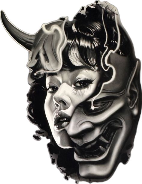 Geisha With Mask Tattoo, Hannya Mask Tattoo Design, Mask Tattoo Design, Japanese Meaning, Hannya Mask Tattoo, Hannya Mask, Kitsune Mask, Chicano Art Tattoos, Mask Tattoo