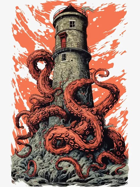 "lighthouse vintage paint - retro octopus" Sticker for Sale by gaviani | Redbubble Octopus Tattoo Ideas, Octopus Poster, Octopus Pictures, Tattoo Therapy, Octopus Sticker, Lighthouse Drawing, Cthulhu Art, Aquatic Art, Octopus Illustration