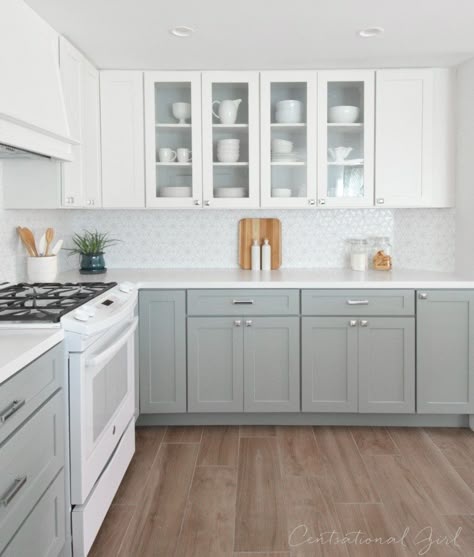 CliqStudios cabinets in Dayton Painted White and Painted Harbor gray are the perfect timeless choice in a kitchen makeover by blogger Kate Riley of CentsationalGirl.com Gray And White Kitchen, Kabinet Dapur, Herringbone Backsplash, Diy Kitchen Renovation, Farmhouse Kitchen Cabinets, Gray Cabinets, New Kitchen Cabinets, Kitchen Cabinets Makeover, Classic Kitchen