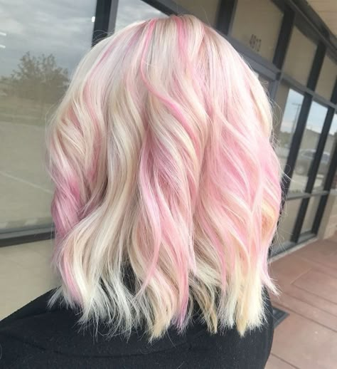 Platinum With Pink Highlights, Pink Mermaid Hair, Light Pink Ombre Hair, Pink Hair Color Ideas For Blondes, Light Pink Blonde Hair, Pink Streaks In Blonde Hair, Blonde Pink Highlights, Blonde Hair Pink Highlights, Blonde Mermaid Hair