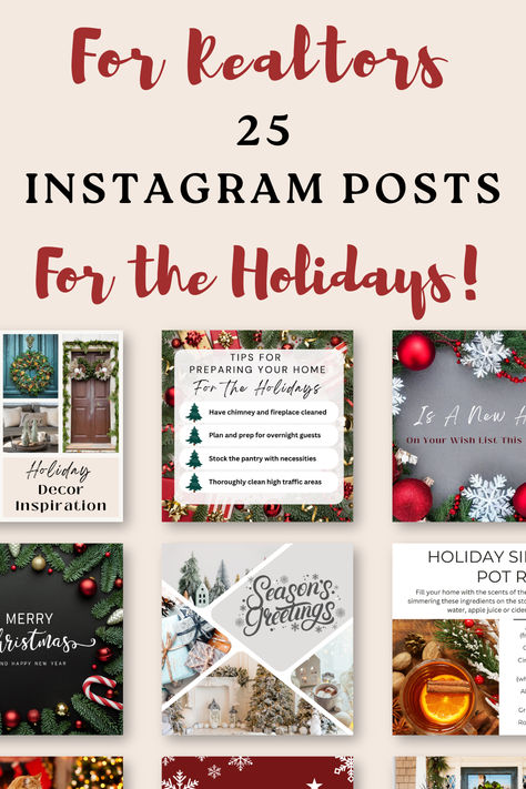 25 Holiday Real Estate Posts for your Instagram social media account. Featuring designs for Christmas, the Holiday Season and the New Year including Holiday Homebuyer & Seller Tips, Checklists, Quotes, & More. WHY THRIVE? No need to edit! These are not templates - just download and go! Engage your database and followers with real content, designed to entertain, engage and inform! Christmas Real Estate Social Media Posts, Real Estate Christmas Post, Holiday Real Estate, Real Estate Posts, Christmas Social Media, Clean Fireplace, Seller Tips, Christmas Instagram, Real Estate Social Media