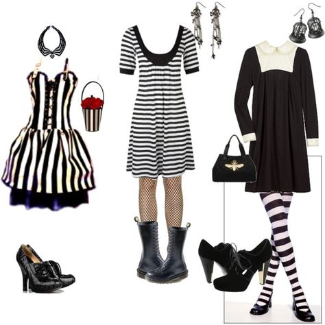 "Burton-Esque" by ingridm on Polyvore Outfit Ideas Aesthetic Grunge, Tim Burton Outfit Ideas, Tim Burton Outfits, Fashion Clothes Drawing, Tim Burton Costumes, Tim Burton Party, Halloween Inspired Outfits, Clothes Drawing Reference, 70’s Outfit