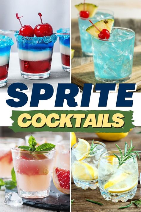 These Sprite cocktails are light, bubbly, and incredibly zesty! From pink vodka lemonade to an old-fashioned to a dirty Shirley, you can't go wrong with these boozy drinks. Alcoholic Drinks With Sprite, Bacardi Mixed Drinks, Sprite Mixed Drinks, Sprite Cocktails, Alcoholic Lemonade Drinks, Sprite Drink, Drinks With Sprite, Sprite Recipe, Vodka Sprite