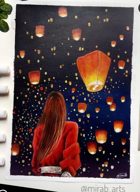 Sabar Painting, Easy Acrylic Painting Ideas Simple Beautiful, Sky Lanterns Painting, Floating Lantern Painting, Diwali Painting, Canvas For Beginners, Small Canvas Paintings, Photographie Portrait Inspiration, Beautiful Art Paintings