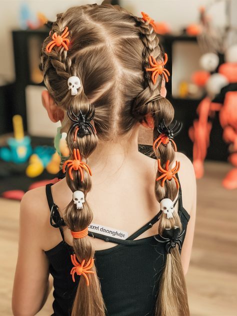 Spooky Hair Styles For Kids, Pumpkin Hair Styles, Kids Spider Hair, October Hairstyles For Kids, Kid Halloween Hairstyles, Spooky Halloween Hairstyles, Girls Halloween Hair Ideas, Halloween Hairdos For Kids, Halloween Kids Hairstyles