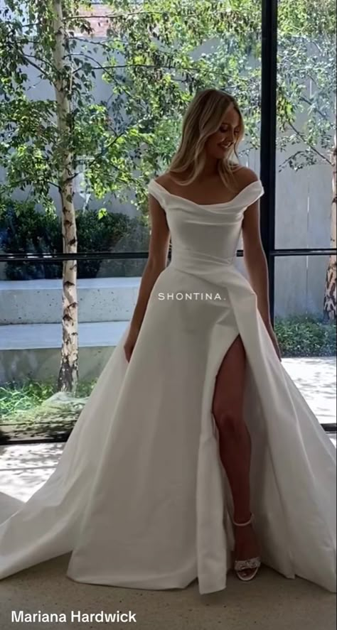 Wedding Gown Off Shoulder Classy, Silk Wedding Gown With Sleeves, Class Wedding Dress, Plain White Wedding Dresses, Wedding Dress For Rectangle Shape, Debutante Dresses White Ball Gowns, Wedding Dresses Silk Satin, A Line Strapless Wedding Dress, Satin Wedding Dress With Sleeves