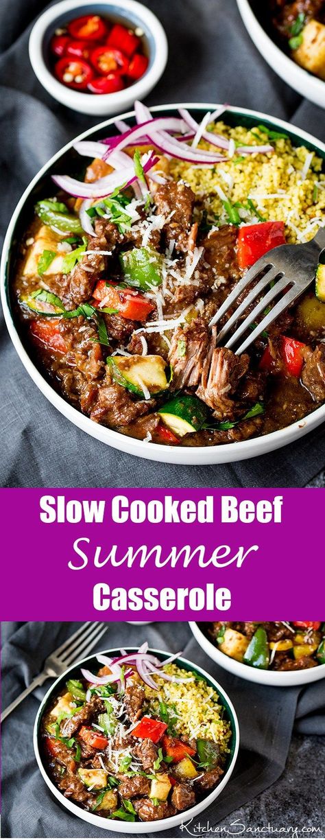 Slow Cooked Summer Beef Casserole. Fall-apart meat with crunchy veg and parmesan. Serve it with couscous for an even lighter feel. Summer Slow Cooker Recipes, Kitchen Sanctuary, Summer Crockpot Recipes, Slow Cooker Dinner Recipes, Best Crockpot Recipes, Slow Cooked Beef, Slow Cooker Dinner, Summer Recipes Dinner, Slow Cook