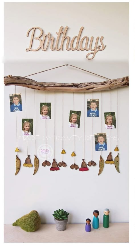 Natural Birthday Display Eyfs, Birthday Chart Reggio Emilia, Reggio Emilia Birthday Chart, Reggio Emilia Birthday Display, Reggio Birthday Board, Montessori Birthday Board, Montessori Bulletin Board Ideas, Reggio Birthday Display, Preschool Birthday Wall