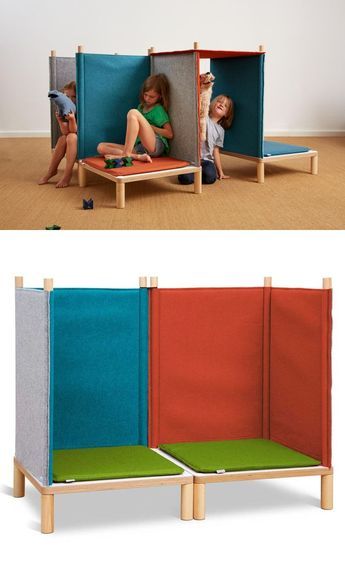 Sila modular acoustic furniture system can be a cool alternative to an indoor playhouse for kids. The starter set is priced at €395 (about $435) at timkid. It is also available on afilii. Kids Workbench, Modular Furniture System, Module Design, Kids Play Table, Montessori Furniture, Kids' Furniture, Kids Bean Bags, Play Furniture, Playroom Furniture