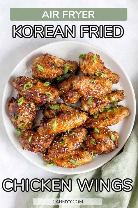 This Air Fryer Korean Fried Chicken is so easy to make and finger licking good! Also known as Dakgangjeong or Soy Garlic Fried Chicken, this Korean fried chicken made in the air fryer is sweet, sticky, and savoury. You only need a handful of pantry staples and you'll have this air fryer Korean chicken wings ready in no time. Fried Chicken Crispy, Crispy Air Fryer Chicken Wings, Korean Fried Chicken Wings, Korean Chicken Wings, Korean Fried Chicken Recipe, Garlic Fried Chicken, Air Fry Chicken Wings, Crispy Air Fryer Chicken, Air Fryer Wings