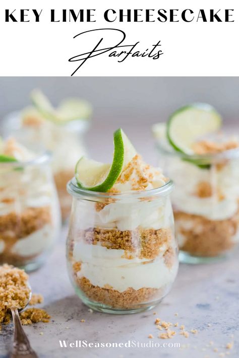 No bake key lime cheesecake parfaits are the absolute quickest, tastiest dessert of summer! Graham cracker crumbs are layered between cool and creamy key lime cheesecake filing. Absolute heaven! #cheesecake #cheesecakeparfaits #parfaits #limeparfaits #wellseasonedstudio #delicious @wellseasonedstudio | wellseasonedstudio.com Key Lime Parfait, No Bake Key Lime Cheesecake, No Bake Key Lime, Cheesecake Parfaits, Lime Desserts, Key Lime Cheesecake, Lime Cream, Lime Cheesecake, Spring Desserts