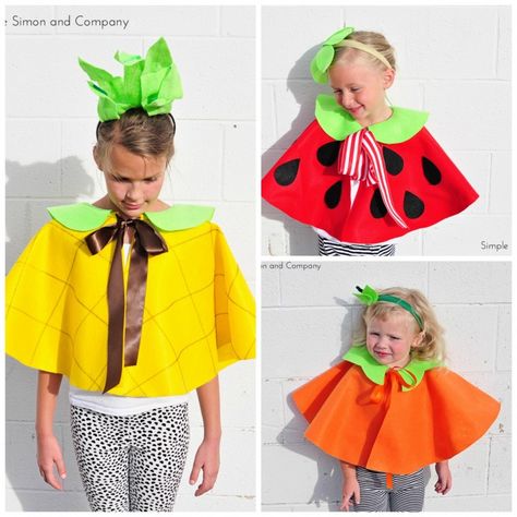 Halloween Fruit Capes by @simplesimonco | Pineapple Costume | Kids Strawberry Costume Diy Fruit Costume, Fruits Costume, Nutrition Month Costume, Spring Costume, Pineapple Costume, Kotak Bento, Strawberry Costume, Diy Cape, Fruit Costumes