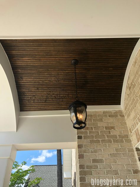 Wood Barrel Ceiling, Wood Ceiling On Porch, Porch Wooden Ceiling, Wood Ceiling Porch, Front Porch Ceiling Ideas, Wood Porch Ceiling, Beadboard Porch Ceiling, Exterior Black Windows, Organic Modern Transitional