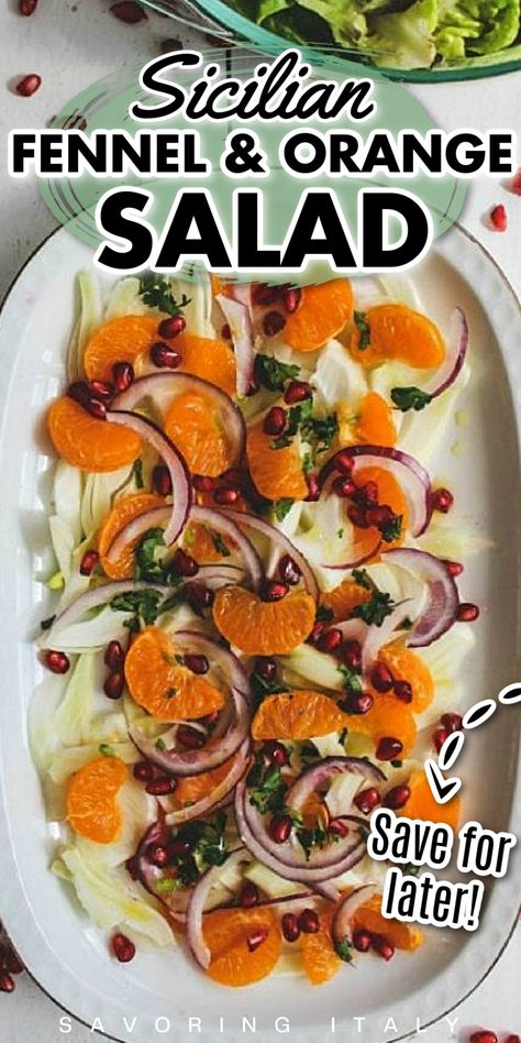 The most refreshing of winter salads, this recipe for Sicilian fennel and orange salad is a delight. It's vibrant and bursting with fresh flavors from the sweet and juicy oranges, crunchy fennel, red onions, and tart pomegranate arils. Salad With Oranges, Orange Salad Recipes, Fennel And Orange Salad, Unique Salad, Winter Salads, Pomegranate Salad, Fennel Salad, Sicilian Recipes, Orange Salad