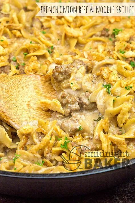 French Onion Beef and Noodles - The Midnight Baker - Ground Beef Recip Cooking Ham Steak, French Onion Beef And Noodles, French Onion Beef Casserole, Onion Beef Casserole, French Onion Casserole, French Onion Beef, Onion Casserole, Beef Casseroles, Biscuits Graham