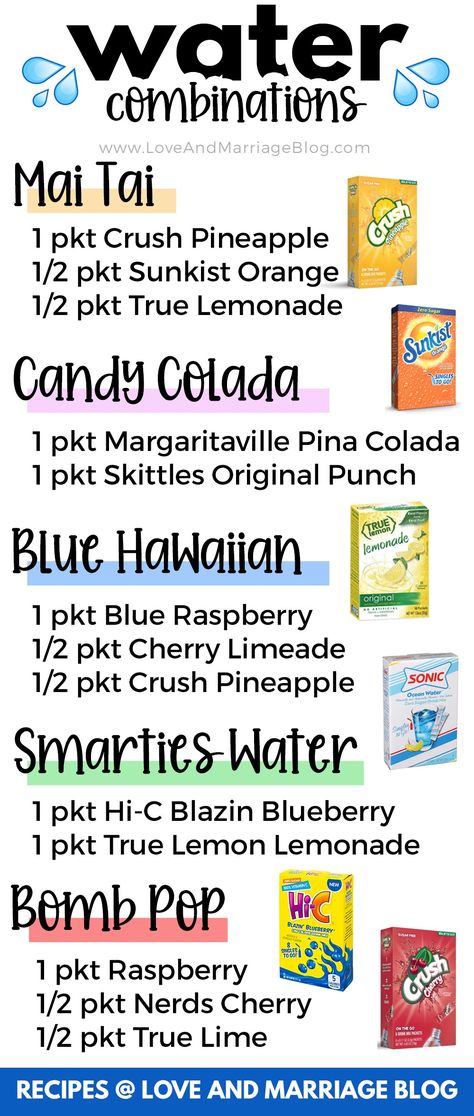 Summer Water Recipes, Heather 070 Flavored Water, Sugar Free Drink Packet Recipes, Unicorn Water Recipe, Water Packet Organization, Water Tock Recipes, Drink Mix Packet Recipes, Drink Packet Organization, Water Bar Ideas