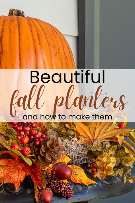 These DIY fall planter� ideas are not only beautiful, but they're also easy and budget-friendly to make. Check out these ideas to inspire your autumn porch decor! Planter Boxes For Front Porch, Fall Front Porch Decor Planter, Washtub Planters Ideas For Fall, Tall Porch Planters Diy, Fall Urn Planter Ideas, Fall Pots Outdoor Planters With Pumpkins, Fall Porch Pots With Pumpkins, Fall Pots Outdoor Planters, Fall Front Porch Decor Wash Tub