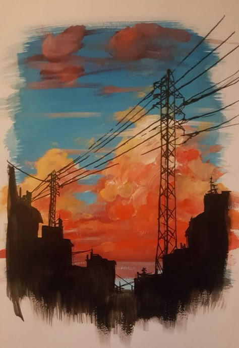 Colorful Clouds Painting, Industrial Colorful, Clouds Painting, Painting Videos Tutorials, Simple Wall Art, Colorful Clouds, Power Lines, Landscape Paintings Acrylic, Sky Painting