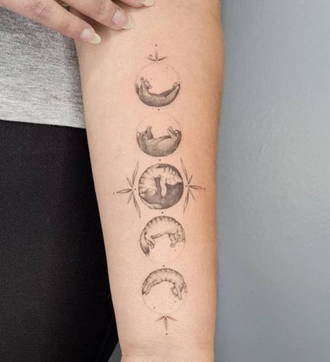 Moon Phase Cat Tattoo, Cat Moon Phases Tattoo, Cat Tattoo With Moon, Multi Cat Tattoo, Cat Planet Tattoo, Cat Moon Tattoo Designs, Cat Tattoo Abstract, Mystic Cat Tattoo, Mystical Cat Tattoo