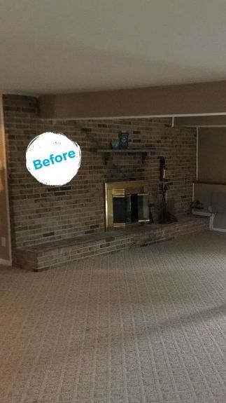 This IKEA hack changes the whole space Whole Brick Wall Fireplace, Whole Wall Brick Fireplace Makeover, Whole Wall Fireplace Makeover, Large Brick Wall Fireplace Makeover, Whole Brick Wall Fireplace Makeover, Full Wall Fireplace Ideas, Yellow Brick Fireplace Makeover, Fireplace Surround Ideas Diy, Whole Wall Fireplace