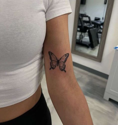 Where To Put Butterfly Tattoo, Butterfly Tattoo Inner Bicep, Patchwork Tattoo Butterfly, Forearm Tattoo Butterfly, Private Tattoos For Women, Butterfly Tattoo Inner Arm, Kylie Jenner's Tattoos, Tattoo Papillon, Wrap Around Tattoo