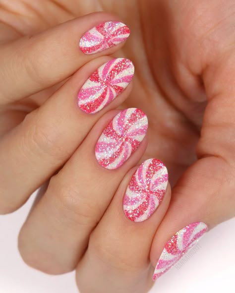 Sweets Nail Art, Sugar Plum Nails, Peppermint Nail Art, Pink Peppermint Nails, Candyland Nails, Candy Land Nails, Candy Nails Designs, Sweets Nails, Christmas Candy Nails