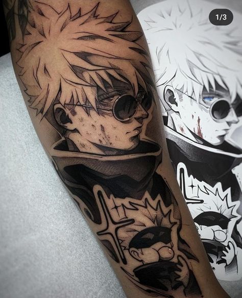 Anime Tattoos Sleeve Ideas, Arm Tattoo Men Anime, Tokyo Ghoul Mask Tattoo, Saturo Gojo Tattoo Ideas, Anime Tattoos For Men Ideas, Loner Tattoos Men, Anime Sleeve Tattoo, Gojo Tattoo, Kakashi Tattoo