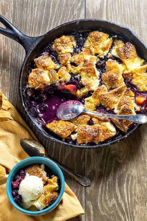 You'll love the peach blueberry combination. Pandowdy is every bit as good as pie but much easier to make. Enjoy! #pandowdy #fruitdesserts #blueberry #peach Easy Cobbler Recipes, Easy Fruit Dessert Recipes, Apple Pandowdy, Easy Cobbler, Cobbler Peach, Fruit Crisp Recipe, Apple Brown Betty, Homemade Dessert Recipes, Blackberry Cobbler Recipe