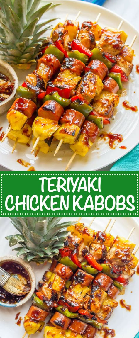 Teriyaki chicken pineapple kabobs are a fun and flavorful recipe for the grill (or oven) with tender chicken, peppers, fresh sweet pineapple and an easy teriyaki sauce that doubles as a marinade and sauce for basting and serving. Perfect for a family dinner or a BBQ party! | www.familyfoodonthetable.com Chicken Pineapple Kabobs, Easy Teriyaki Sauce, Chicken Kabob Marinade, Pineapple Chicken Kabobs, Pineapple Kabobs, Kabob Marinade, Hawaiian Chicken Kabobs, Sausage Kabobs, Teriyaki Chicken Skewers