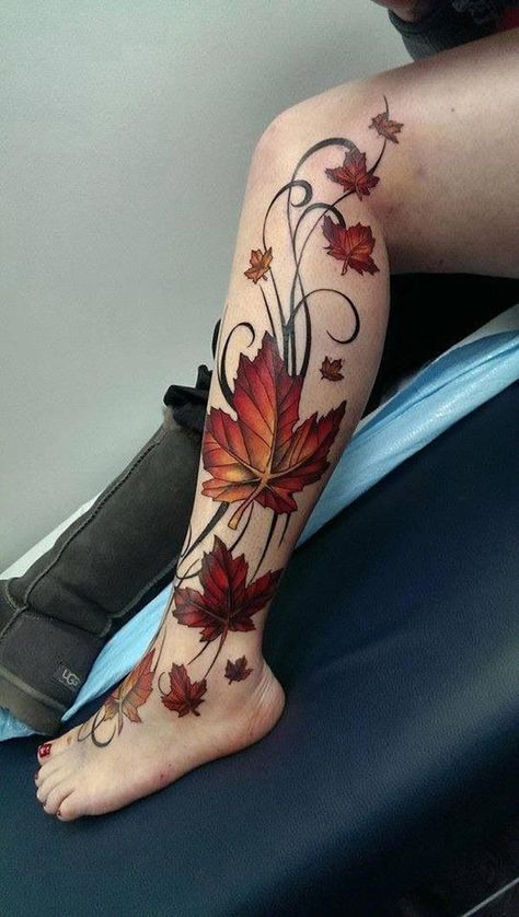 18 Canadian pride tattoo or fall leaves and simple vines tattoo Fall Leaves Tattoo, Lower Leg Tattoos, Pride Tattoo, Autumn Tattoo, Vine Tattoos, Skeleton Hand Tattoo, Ornamental Tattoo, Tattoos Geometric, Leg Sleeve Tattoo