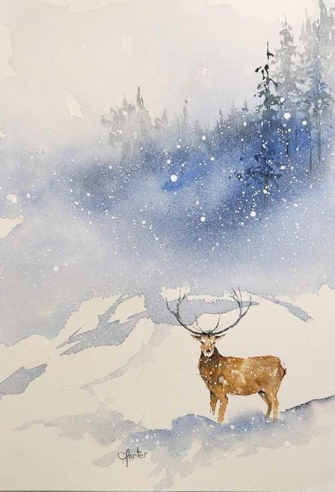 Watercolor Paintings Of Animals, Painting Snow, Winter Watercolor, Christmas Card Art, Watercolor Paintings Easy, Watercolor Christmas Cards, Winter Painting, Watercolor Painting Techniques, Watercolor Landscape Paintings