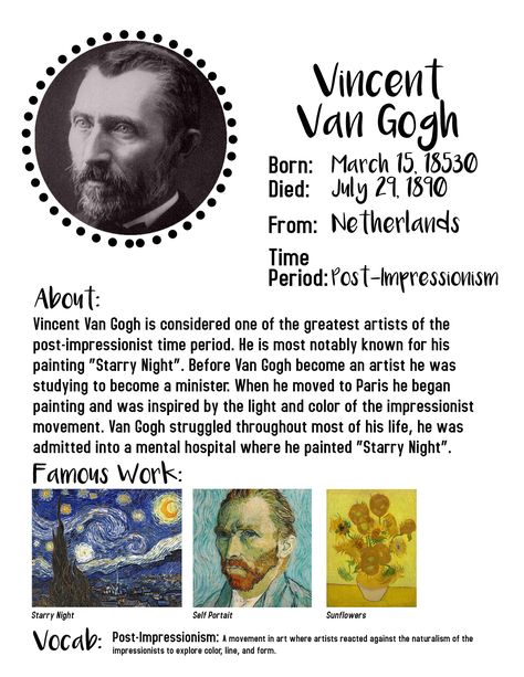 At Home Art Lessons for Kids | Vincent Van Gogh — KayDee Runkel art+design Art Inspired By Van Gogh, History School Projects, Vincent Van Gogh Art Projects, How To Teach Art, Van Gogh Art Projects For Kids, Art History For Kids, Van Gogh Art Projects, Van Gogh Art Lesson, Van Gogh For Kids