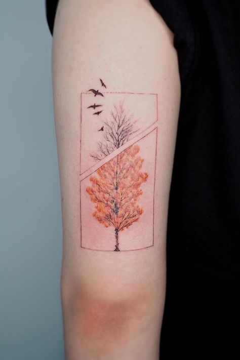 20 Fall-Inspired Tattoo Ideas Free Fall Tattoo, Season Tattoo, Fall Tattoo Ideas, Winter Tattoos, Beads In Hair, Maple Tree Tattoos, Fall Leaves Tattoo, Fall Tattoos, Acorn Tattoo