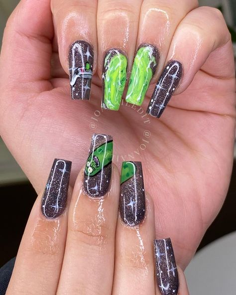 Rick And Morty Acrylic Nails, Pickle Rick Nails, Pickle Nail Art, Pickle Nails, Rick And Morty Nails Acrylic, Nail Art For Birthday, Rick And Morty Nail Art, Rick And Morty Nails, Nail Art Birthday