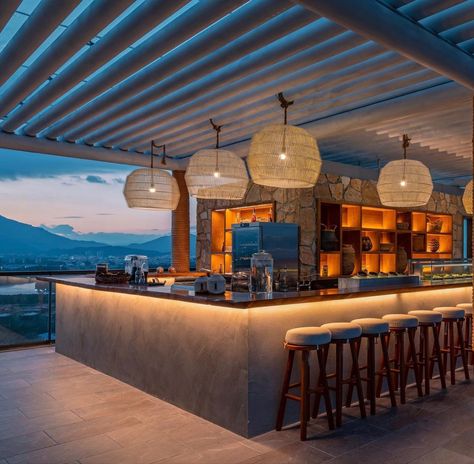 // b a r Bar Lighting Design, Pool Bar Design, Rooftop Bar Design, Bar Outdoor Design, Mexican Restaurant Decor, Bar Lounge Design, Pool Side Bar, Rooftop Restaurant Design, Bar Counter Design