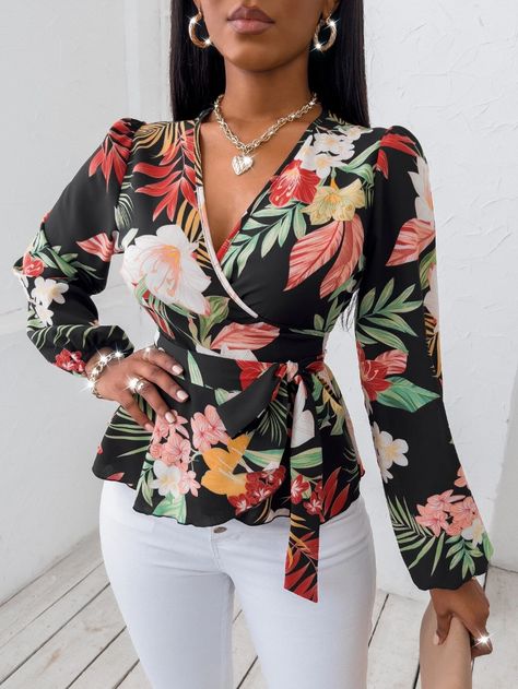 Random Floral Print Wrap Belted Blouse | SHEIN USA English Tops Styles, Stylish Long Tops For Women, Wrap Shirt Outfit, Floral Shirts Women, Floral Blouse Designs, Classy Blouses, Flower Print Blouse, Hijab Trends, Women Blouses Fashion