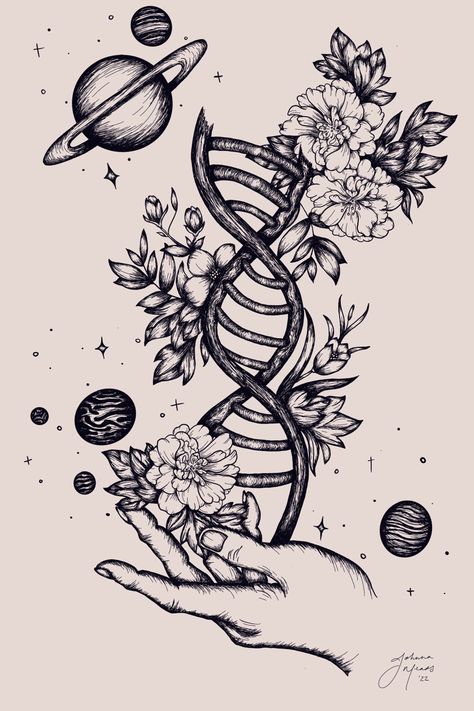 Science Art Drawings, Biology Tattoo, Dna Science, Dna Drawing, Chemistry Tattoo, Teacher Tattoos, Biology Drawing, Astronomy Tattoo, Science Drawing